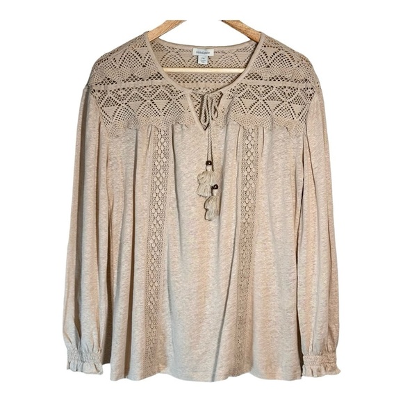 Sundance Linen Tie Neck Peasant Blouse in Heathered Oatmeal - Picture 1 of 7